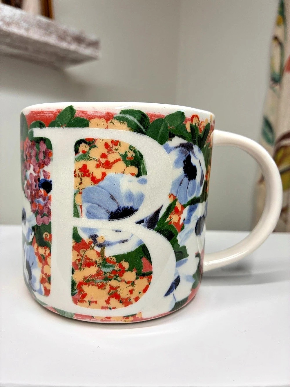 Anthropologie Monarch Monogram Mug Floral B White & Blue